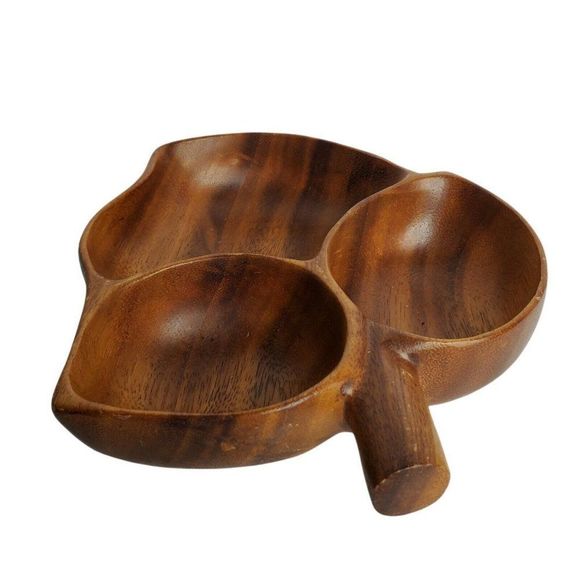 Wooden 3 Way Divided Leaf Shaped Bowl Tray Dish Monkeypod - Picture 4 of 10